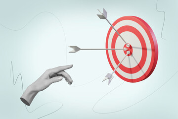 3d creative image picture collage of many arrows hit target center demonstrate successful job...