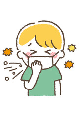 風邪をひいている子供。咳や発熱などの体調不良の症状。