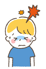 風邪をひいている子供。体調不良の症状。