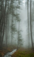 Fototapeta na wymiar Stream Running Through A Foggy Pine Forest