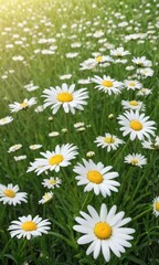 Green Meadow Field With Beautiful White Daisy Flowers.