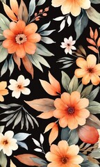 Warm Tone Floral Pattern In Watercolor Style.