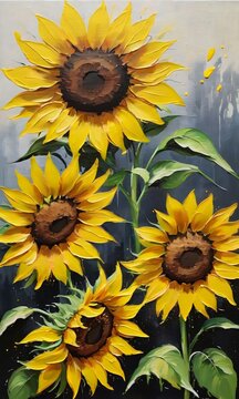 Yellow Sunflowers Brush Strokes Acrylic Painting.