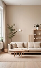Obraz na płótnie Canvas Wooden Room Design, Minimal Scandinavian Living Room In Beige Tones With Modern Furniture.