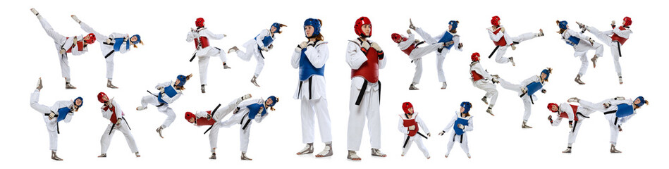Two women in sportswear, mma athletes in motion, practicing, fighting isolated over white background. Combat sport, martial arts. Collage. Concept of sport, competition, tournament, championship.