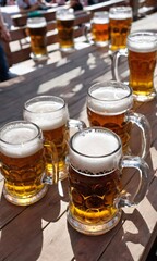 Beer Mugs On A Table At Oktoberfest In Munich.