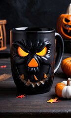 Black Mug With A Halloween Theme.