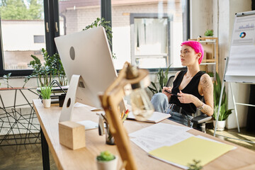 dreamy pensive female worker with phone in hands looking away while at office, business concept