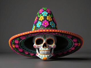 3D Illustration Of Mexican Skull-Shaped Sombrero.