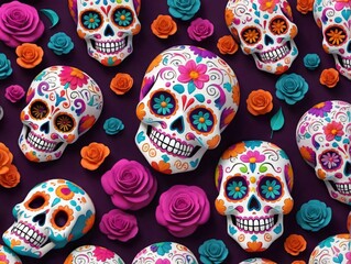3D Illustration Of Colorful Dia De Los Muertos Sugar Skull Pattern.