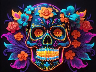 Neon Colorful Skull Portrait For Dia De Los Muertos.