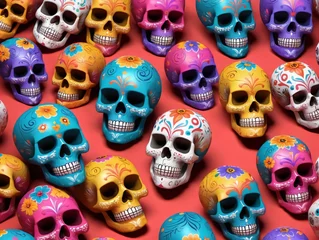 Fotobehang Schedel 3D Illustration Of Colorful Pattern With Painted Skulls For Cinco De Mayo And Day Of The Dead.