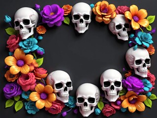 3D Illustration Of Frame Of Colorful Skulls And Flowers On Dark Background.