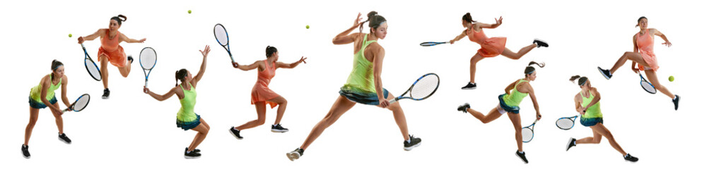 Competitive young woman in sportswear, tennis player in motion with racket during game isolated...