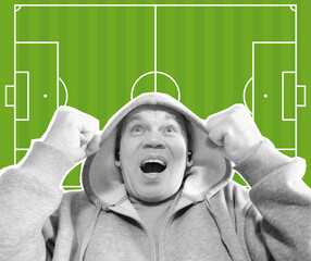 Composite collage. Football pitch. A fan against the backdrop of a football field