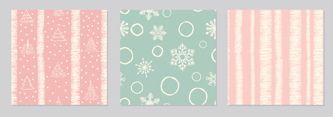 Set of snowflakes, christmas tree and stripe lines retro seamless pattern, snow background. Winter...