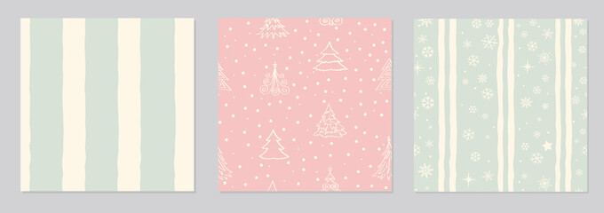 Set of snowflakes, christmas tree and stripe lines retro seamless pattern, snow background. Winter Christmas decor collection.
