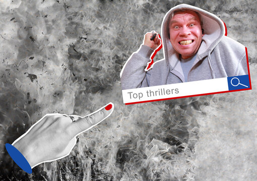 Composite collage. A girl types Top thrillers in the search query