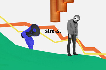 Collage picture of black white colors sloth head stressed guy hand hold loudspeaker money coins graphic down isolated on creative background © deagreez