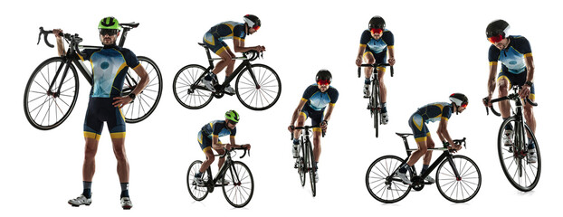 Man in sportswear riding a bicycle isolated over white background. Marathon, triathlon athlete. Collage. Concept of sport, competition, tournament, championship, speed, endurance, energy - obrazy, fototapety, plakaty