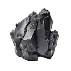 A sharp-edged black basalt crystal formation on a transparent background