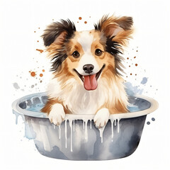 Watercolor dog grooming in tub Clipart isolated on white background