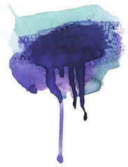 A watercolor stain with distinct splatters. The colors are dark purple and turquoise, isolated and suitable as a background