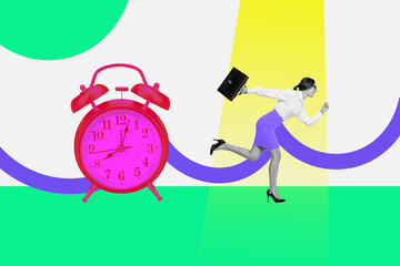 Collage illustratiion young attractive business suitcase lady running rush hour hurry deadline huge...