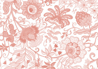 Fantasy flowers in retro, vintage, jacobean embroidery style. Seamless pattern, background. Vector illustration.