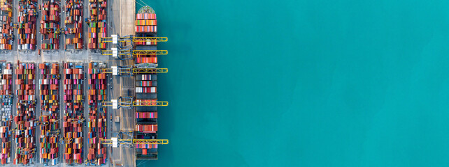 Aerial view container cargo ship at container cargo seaport terminal, Container cargo ship maritime freight shipping global business logistic import export worldwide international by container ship. - obrazy, fototapety, plakaty