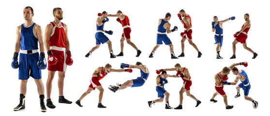 Fototapeta na wymiar Two men, combat sport athletes, boxing, fighting isolated over white background. Martial arts, MMA. Collage. Concept of sport and competition, tournament, championship, strength and power