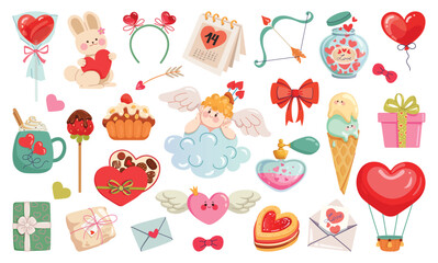 Happy Valentine’s Day elements collection. Sweets, gifts, heart shaped objects, and love symbols and signs. Set of Cartoon vector illustration for greeting card, banner, sticker, package decor.