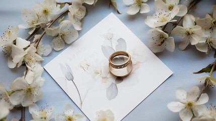 Fototapeta premium Wedding invitation with gold rings and card