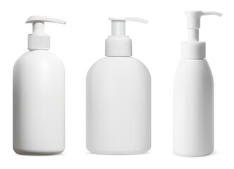 Pump dispenser soap bottle mockup. Liquid shower gel product pack, vector illustration. Shampoo pump package, isolated. Moisturizer product container, realistic sanitary disinfectant dispenser