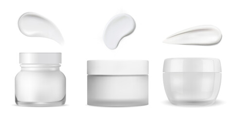 Cosmetic jar. White cream packaging with texture stroke. Realistic glass jar round vector template with smear drop. Skin care lotion bottle mockup, plastic lid. Cream jar blank for label