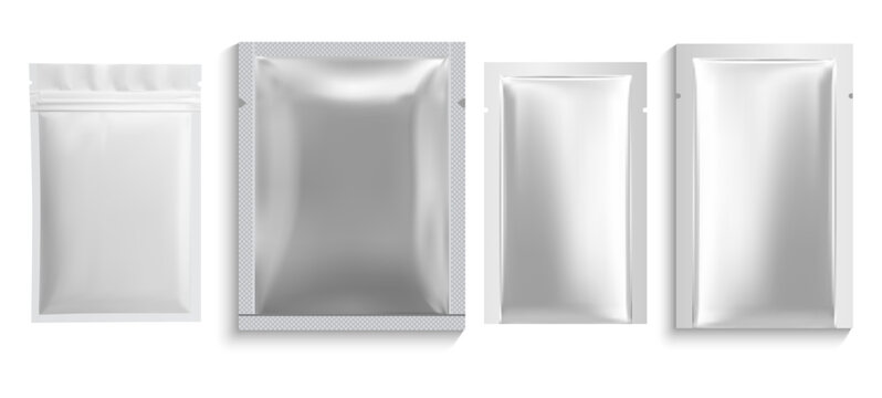 Paper sachet bag. Foil pouch mockup, white glossy plastic zipper packet blank. Facial mask sheet silver sachet design, cosmetic hygiene protection container. Food polythene wrap