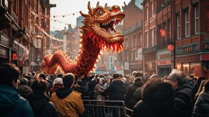 Chinese dragon dance in the Chinese new year celebration festival in chinatown streets - obrazy, fototapety, plakaty