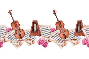 Seamless banner design. Violin, Bow, Metronome, Sheet Music decorated with marigold flowers composition. Hand drawn watercolor illustration isolated on transparent background. For frames and borders - obrazy, fototapety, plakaty
