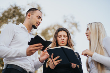 University Students Collaborating Outdoors on Academic Project