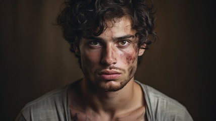 Portrait of  young handsome guy with bruises - obrazy, fototapety, plakaty