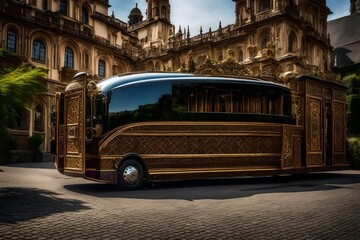 luxury coach behind ornamental doorway.