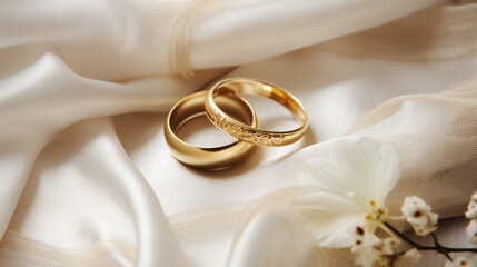 Wedding rings on silk with flowers and copy space