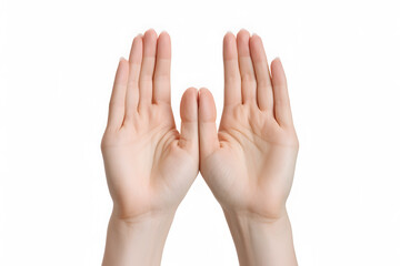 Closeup view of female hands palms isolated on white background.Two female hands in gesture of asking, praing, giving or showing something