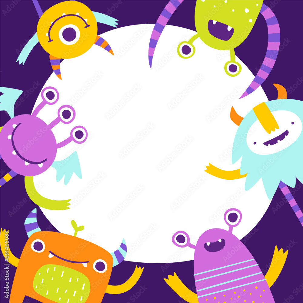 Canvas Prints cute monster frame border template for kids. funny vector banner with colorful monsters.