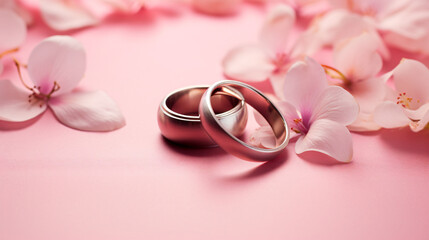 Wedding rings with flower petals on pink background