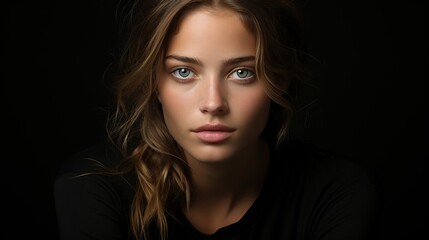 Naklejka premium A fierce fashionista with flowing brown locks and bold black attire commands attention with her striking features and captivating gaze in this stunning portrait photography