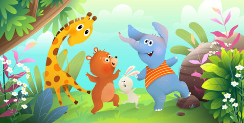 Fototapeta na wymiar Funny animals dancing jumping playing in forest. Jungle cartoon for kids events and children party. Cute hand drawn zoo characters cartoon. Vector illustration in watercolor style for kids.
