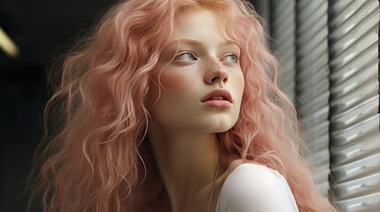 Fototapeta premium A stylish woman with pink hair gazes out the window, her long brown hair framing her delicate face and accentuating her bright red ringlets, while her bold lip color and fluttering eyelashes