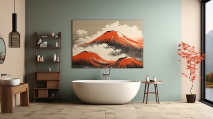 A serene indoor oasis, adorned with a breathtaking painting of majestic mountains, accented by a delicate vase and sleek bathroom furniture