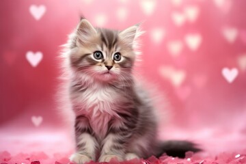 Fototapeta na wymiar Sweet fluffy creamy kitten sitting in blanket over pink heart shape background over light bokeh. Cat looking to the left. Copy space. Concept of love, valentine, tender, intimacy.